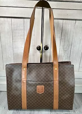 CELINE Macadam Triomphe Vintage Brown Coated Canvas Tote Shoulder Bag EUC • $300