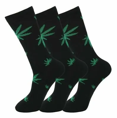 Mens 3 Pairs Weed Leaf Print Socks Cannabis Ganja Marijuana Adults Fashion 6-11 • £13.99