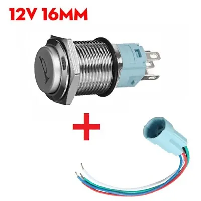 12V 16mm Car LED Light Momentary Horn Button Metal Switch Push Button + Wire • £8.39