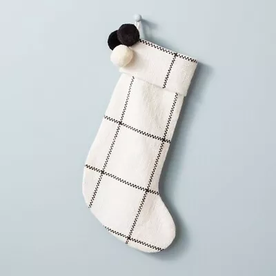 Hearth & Hand Magnolia ChristmasStockinG Windowpane PlaidPoMPoms GREEN/BLACK/WHI • $16.20