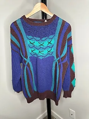 Vintage Novo Hand Knit Multicolor Cotton Grandpa Sweater Men's Size Large • $40