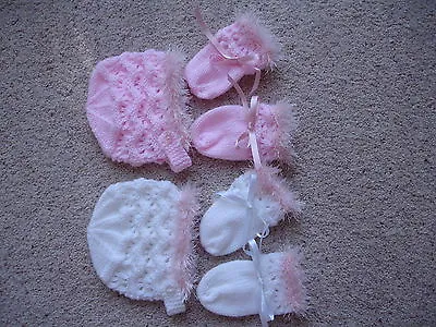  New Hand Knitted Baby Bonnet & Mittens #pretty# • £4.99