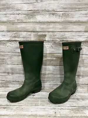 Hunter Original Tall Women’s Matte Green Logo Wellington Rubber Rain Boots Sz 5 • $43.48