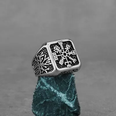 Men's Fashion Ring Viking Silver Runic Compass Design Stainless Steel • $12.95