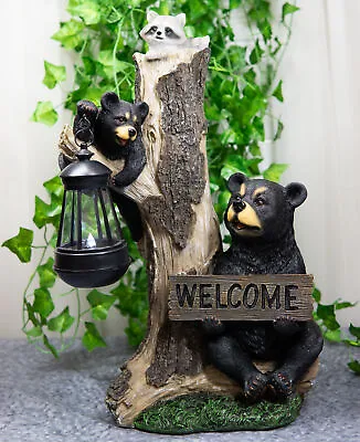 Ebros Forest Black Bear Mama & Cub W/Raccoon Welcome Sign Solar LED Light Statue • $74.99
