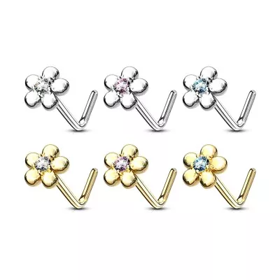 14k Solid Gold 20GA Nose Rings L-Bend With CZ Centered Five Petal Flower Designs • $31.50