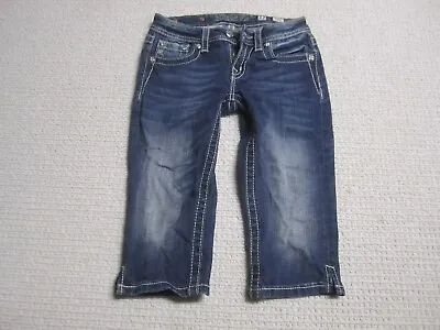 Miss Me Jeans Girls 12 Blue Denim Capri Dark Wash Whiskered Embellished • $16.95