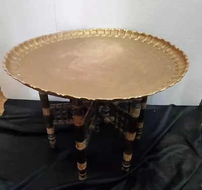 Vintage  Round Brass Egyptian Motif Platter & Moroccan Table See Descr  • $75