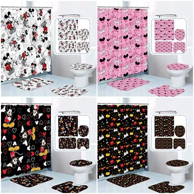 Mickey Minnie Mouse Waterproof Shower Curtain Bathroom Rug Toilet Cover Mat Lid • £13.19