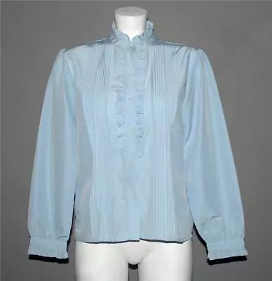 Vtg Blue Vicki Wayne Tuxedo Ruffle Collar Cuffs Pleats Button Blouse Wm's 10P • $23.99