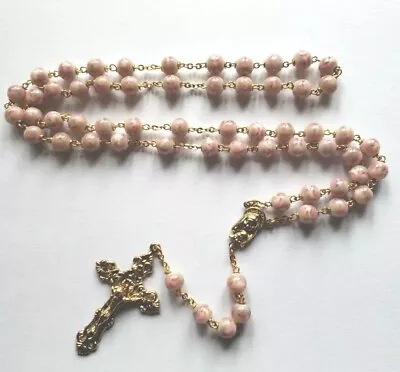 Vtg New Rosary Beads Glass Pink Roses Mary Medal Goldtone Crucifix Italy  • $21