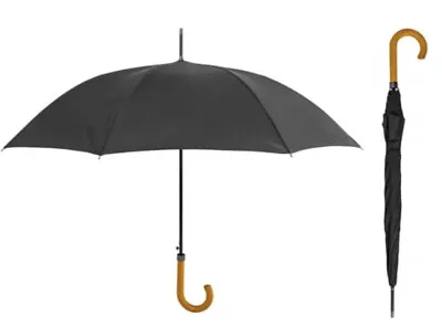 Classic Walking Stick Umbrella Wooden Crook Handle Long Black Wedding Brolly • £14.99