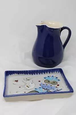 Vintage Water Pitcher Italy Ceramic Tray With Bird Mexico Handmade Art • $49