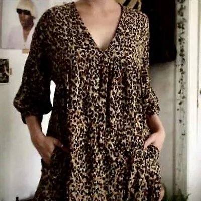 ZARA TRF Sz XS V Neck Leopard Animal Print 3/4 Sleeve Tunic Dress Pockets 0774 • $18