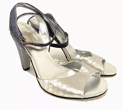 Enzo Angiolini Sandals Heels Leather Ankle Strap Silver Shoes Womens Sz 8.5 • $29.98