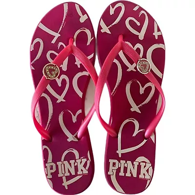 Victorias Secret Pink Heart Flip Flops Womens Medium Love Rhinestones Sandals • $12.59