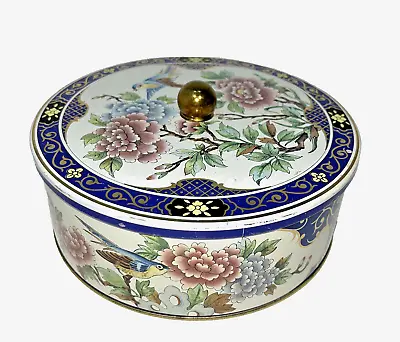 Daher Decorated Ware Tin Gold Trim Floral Bird Round Trinket Box England 11101 • $14.99