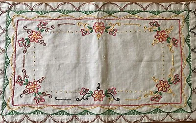 Antique French Hand Embroidered Floral Table Mat On Linen Fabric ~ Green Orange • $22.99
