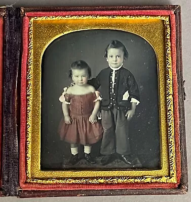 Two Young Children One In Hand-tinted Red Dress 1/6 Plate Daguerreotype • $170.50