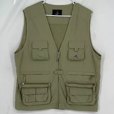 Mens Size Medium Large Zip Front Fishing Vest Khaki V-Neck Mesh Lined Pockets • $10.46