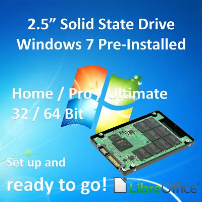 SSD Windows 7 Pre Installed + Software 2.5  SATA Solid State Drive Laptop PC • £34.95