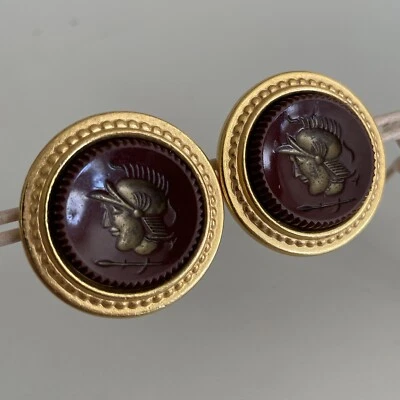 $99.99 • Buy Vintage Ben Amun Cameo Intaglio Brushed Gold Tone Clip On Earrings Roman Circle