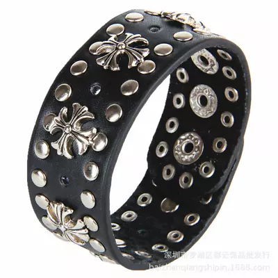 Black Adjustable Men's Punk Gothic Leather Rivet Charm Wristband Bangle Bracelet • $7.89