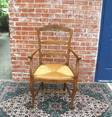 French Antique Oak Louis XV Rush Seat Armchair | Living Room Furniture • $550