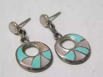 Vintage Zuni  Indian Sterling Silver Turquoise +shell Inlay Dangler Earrings • $69