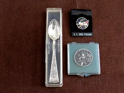 Apollo 11 Armstrong Aldrin Collins Vintage Silver Spoon Lunar Landing Coin & Pin • $119.99