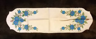 Vtg. Liquid Embroidered Table Runner/Dresser Scarf Blue Flowers 39.5x12 • $8