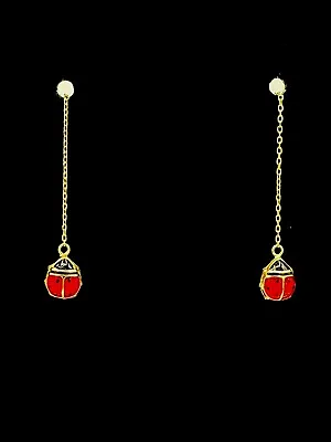 14k Yellow Gold Chain Threader Red Enamel Ladybug Pierced Earrings • £56.21