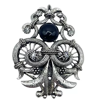 Gianni Bini Magnetic Brooch Scroll Owl Black Cabochon Silvertone 2-7/8  L • $9.99