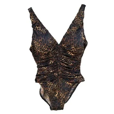 Miraclesuit Sonatina Ruched One Piece Chocolate Brown Animal Print Swimsuit 12 • $59.95