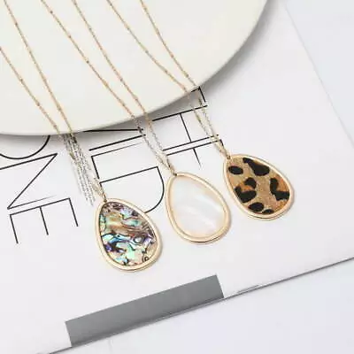 Abalone Shell Animal Leopard Leather Teardrop Nature Stone Pendant Long Necklace • $3.19