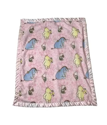 Winnie The Pooh Classic Pooh Baby Blanket Pink Satin Trim  Pooh Eeyore Piglet • $17.99