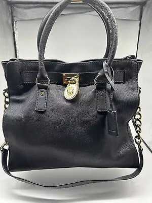 Genuine Michael Kors Hamilton Leather Black  Gold Lock/key Satchel Shoulder Bag • $70