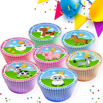 Farm Animals Age 2 Happy Birthday 2nd Edible Cupcake Toppers Decorations Cc7961 • £2.99