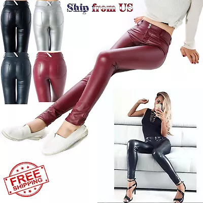 Women Stretchy Shiny Wet Vinyl Leather High Waist Skinny Pants Trousers Leggings • $19.99