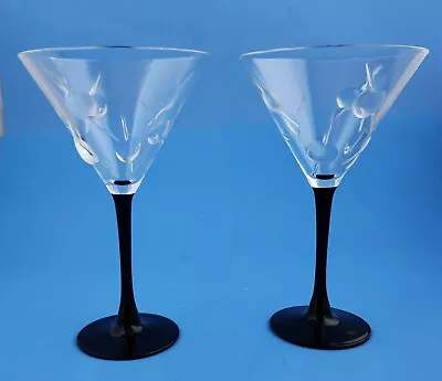 Cristal D'arques-durand  2 Martini Glasses Raised Olives Toothpicks Black Stem • $29.95