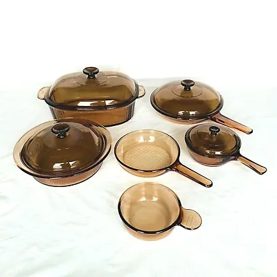 Vintage Vision Corning Ware 10-Piece Amber Glass Cookware Pots Pans Skillet Lids • $233.99