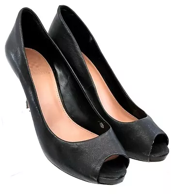 Vince Camuto Kira Pump Womens 7.5 B Black Leather Hidden Peep Toe Platform Heels • $33.98