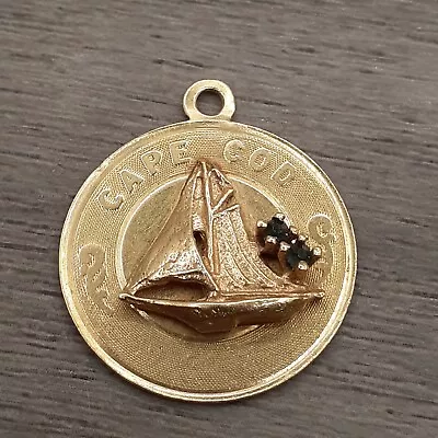 Vintage CAPE COD Circle 3D Sailboat Charm 14K Yellow Gold With Sapphires • $299