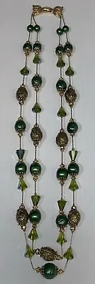 VENDOME Olivine Green Beaded Double Stranded Necklace ~ Gold Tone ~ VTG • $64.95