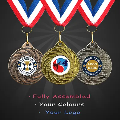 10 X Personalised Taekwondo Impact Medal + Ribbon + Engraving + Your Own Logo • £13.49