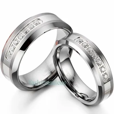 His 8mm & Hers 6mm Matching Comfort Fit Tungsten Carbide CZ Ring Wedding Bands • $13.99