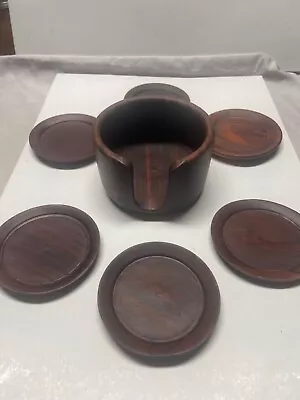 Vintage Hardwood Coaster Set With Holder Set Of 6 Measures 3+  Across • $10.08