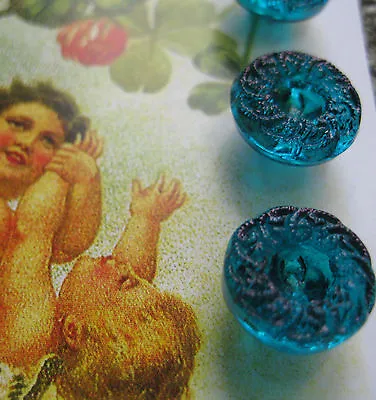 Set Of  6 Vintage 7/16  Teal Blue Wreath Glass Buttons~new/old Stock • $7.50