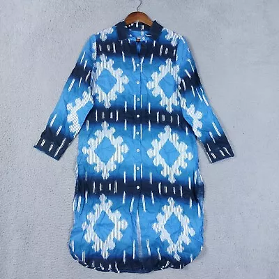 Chico’s Dress Shirt Women 4/6 Blue Geometric 100% Linen Tie Dye Side Slits Woven • $29.99