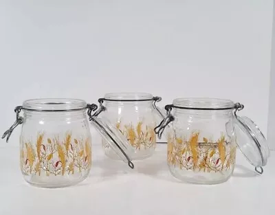 3 Pc Set Vintage ARC France Glass Canister Wheat Print Bail Lid 3/4 Liter • $23.87